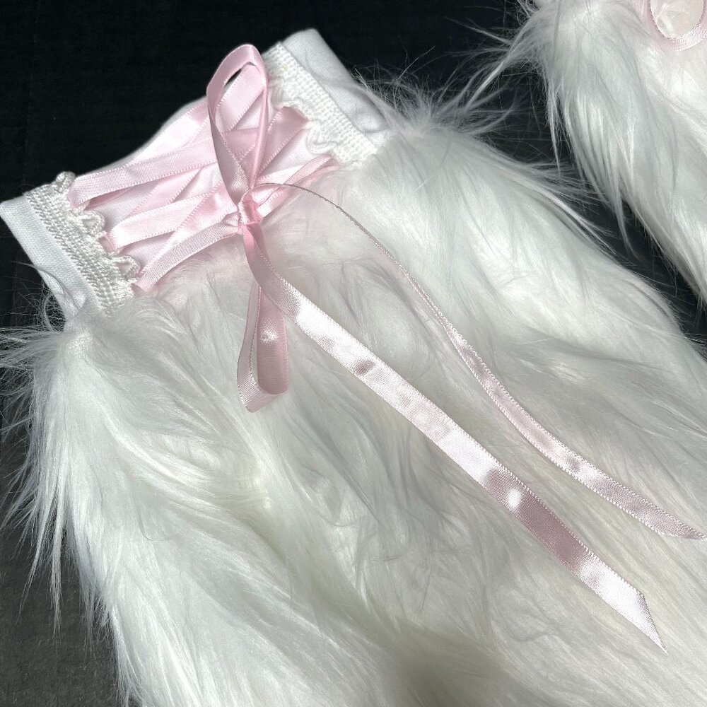 White Corset Leg Warmers Baby Pink Lace Up Pants Boot Covers Faux Fur Legwarmers